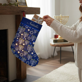 Lycklig Hanukkah Modern Menorah Personlig Namn Liten Julstrumpa