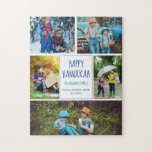 Lycklig Hanukkah Modern Photo Collage Cute Anpassn Pussel<br><div class="desc">Det här söta,  trendig Lycklig Hanukkah-pusslet har en modern layout med fem familjefotografier på en vit bakgrund med blå typografi. Den vackra judiska fotopresenten har ett eget foto som omger ditt budskap och familjen namn.</div>