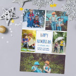 Lycklig Hanukkah Modern Photo Collage Cute Blue Ca<br><div class="desc">Det här söta,  trendig Lycklig Hanukkah-kortet har en modern layout med fem familjefotografier på en vit bakgrund med blå typografi. Det här vackra judiska fotokortet har en egen fotokollage som omger ditt helgdag och familjen namn.</div>