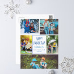 Lycklig Hanukkah Modern Photo Collage Cute Blue Vykort<br><div class="desc">Trendig Hanukkah-vykortet har en modern layout med fem familjefotor på vit bakgrund med blå typografi. Det här vackra judiska fotokortet har en egen fotokollage som omger ditt helgdag och familjen namn.</div>