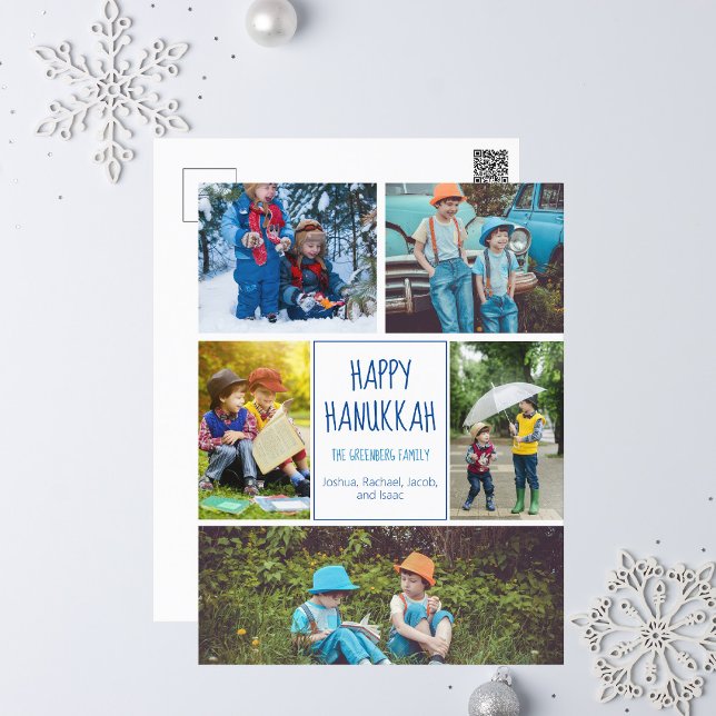 Lycklig Hanukkah Modern Photo Collage Cute Blue Vykort (Skapare uppladdad)
