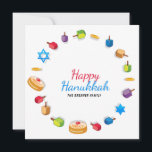 Lycklig Hanukkah Modern Photo Dreidel Star Namn<br><div class="desc">Denna helgdagar är utformad med texten "Lycklig Hanukkah" i modern röd och blå typografi omgiven av drömmar,  guld mynt,  stjärnor och sufganiyah. Personlig med ditt namn och favoritfoto på baksidan. #hanukkah #chanukah #helgdagar #säsong #festive #modern #dreidel #star #top #coin #guld ##starofdavid #design #designer ##kort #hälsning #hälsningskort #Skrivverk #fotokort #fotokort</div>