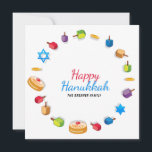 Lycklig Hanukkah Modern Photo Dreidel Star Namn<br><div class="desc">Denna helgdagar är utformad med texten "Lycklig Hanukkah" i modern röd och blå typografi omgiven av drömmar,  guld mynt,  stjärnor och sufganiyah. Personlig med ditt namn och favoritfoto på baksidan. #hanukkah #chanukah #helgdagar #säsong #festive #modern #dreidel #star #top #coin #guld ##starofdavid #design #designer ##kort #hälsning #hälsningskort #Skrivverk #fotokort #fotokort</div>