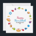 Lycklig Hanukkah Modern Photo Dreidel Star Namn<br><div class="desc">Denna helgdagar är utformad med texten "Lycklig Hanukkah" i modern röd och blå typografi omgiven av drömmar,  guld mynt,  stjärnor och sufganiyah. Personlig med ditt namn och favoritfoto på baksidan. #hanukkah #chanukah #helgdagar #säsong #festive #modern #dreidel #star #top #coin #guld ##starofdavid #design #designer ##kort #hälsning #hälsningskort #Skrivverk #fotokort #fotokort</div>