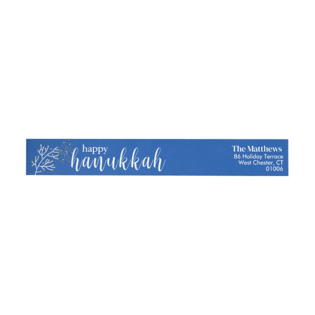 Lycklig Hanukkah Modern Script Blue & White Etikettband (Individual)