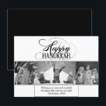 Lycklig Hanukkah | Modern svart vit skript 3-foto Julkort<br><div class="desc">Minimal klassisk svart Pub/Bat mitzvah och Hanukkah moderna stjärnan av David mot en solid bakgrund skapar en elegant,  sofistikerad design. Om du vill ha mer information om färg eller matchande produkter kan du gå till JustFharryn @ Zazzle.com eller kontakta designern,  c/o Fharryn@yahoo.com Alla höger reserverade. #zazzlemade #christmasdecor</div>