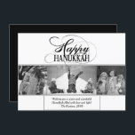 Lycklig Hanukkah | Modern svart vit skript 3-foto Julkort<br><div class="desc">Minimal klassisk svart Pub/Bat mitzvah och Hanukkah moderna stjärnan av David mot en solid bakgrund skapar en elegant,  sofistikerad design. Om du vill ha mer information om färg eller matchande produkter kan du gå till JustFharryn @ Zazzle.com eller kontakta designern,  c/o Fharryn@yahoo.com Alla höger reserverade. #zazzlemade #christmasdecor</div>