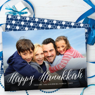 Lycklig Hanukkah Modern Trendig White Script Photo Julkort