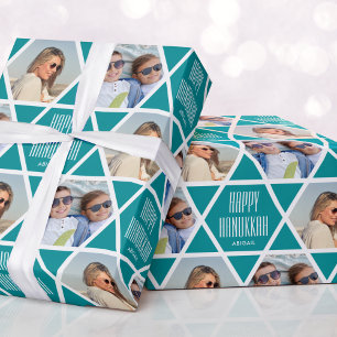 Lycklig Hanukkah Namn Foton Star Mönster Turquise Presentpapper