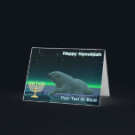 Lycklig Hanukkah - Oce Kant Polar Bear Helgkort<br><div class="desc">Chanukkah hälsning från den frusna valsen. Ett fredligt ögonblick i den långa arktiska natten. Ett Polar Bear vilar vid kant i ett öppet utrymme i förpackningsisen. Norra Ljus glöden i avstånd; ljusstjärnorna skymmer. En Chanukkah-menorah visas tillsammans med texten "Lycklig Hanukkah". Lägg till ytterligare text. Polarnas björnar är i fara. Hur...</div>
