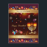 Lycklig Hanukkah Party Guld Hanukkiah Inbjudan Vykort<br><div class="desc">Lycklig Hanukkah-partiets inbjudan till ett vackert judisk Helgdag-kort. Judiska Helgdag Chanukkah-bakgrunden med traditionella dekorativa Chanuka-symboler - trädrömmar (spinnande topp), nötter, hanukkiah-menorah, ljus, David-stjärnan och ljus tapet guld mönster. Hanukkah Festival of ljus Event Dekoration. Jerusalem, Israel. Inbjudningar och mallar > Design för inbjudningar och meddelanden med textmall. Anpassa dem genom att...</div>