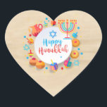Lycklig Hanukkah Party Vacker Dekoration Hjärtformat Klistermärke<br><div class="desc">Lycklig Hanukkah Party vackra Dekoration,  judisk Helgdag,  klassisk Round Sticker. Nyfiken Helgdag Hanukkah-bakgrund med traditionella Chanukah-symboler - trädrömmar (spinnande topp),  nötter,  menorah,  ljus,  David-stjärnan och ljus Gamla pappra struktur-vintagen i mönster. Hanukkah Festival Event Dekoration. Jerusalem,  Israel. Crafts & Party Supplies > Gift Wrapping Supplies > Stickers & Labels</div>