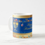 Lycklig Hanukkah Party Vacker Dekoration Kaffemugg<br><div class="desc">Lycklig Hanukkah Party vackra Dekoration, judisk Helgdag, kaffe Mugg. Den judiska Helgdag Hanukkah-bakgrunden med traditionella Chanukah-symboler - trädrömmar (spinnande topp), nötter, guld-menorah, ljus, David-stjärnan och ljus tapet mönster. Hanukkah Festival Event Dekoration. Jerusalem, Israel. Hem > Köks & Dining > Drinkware > Mugg & Kopp. Utforma med textmall. Anpassa dem genom...</div>