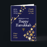 LYCKLIG HANUKKAH Peace Kärlek Joy Stars HEBREW Helgkort<br><div class="desc">Snyggt blue och guld HANUKKAH GREETING CARD att önska er familj och vänner en Lycklig Hanukkah, som säger att ÖNSKA ER EN MYCKET LYCKLIG HANUKKAH i vit typografi med FAMILY, FRIENDS & ROLIGT och FRED, KÄRLEK & JOY i guld färgad i hörnen. FRED, KÄRLEK, JOY är också skrivet i HEBREW....</div>