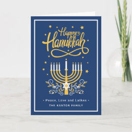 Lycklig Hanukkah Peace Kärlek Latkes Modern Blue Helgkort