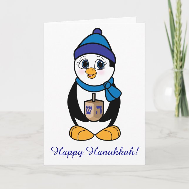 Lycklig Hanukkah Penguin och Dreidel Helgkort (Framsida)