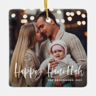 Lycklig Hanukkah-pensel Lettering multifoto Julgransprydnad Keramik