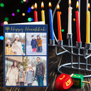 Lycklig Hanukkah Photo Collage Modern Blue Folged Helgkort