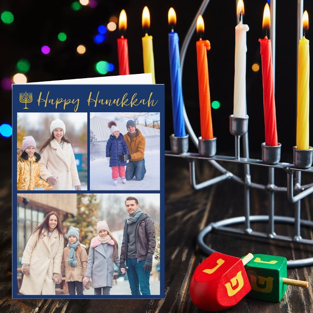 Lycklig Hanukkah Photo Collage Modern Blue Folged Helgkort (Skapare uppladdad)