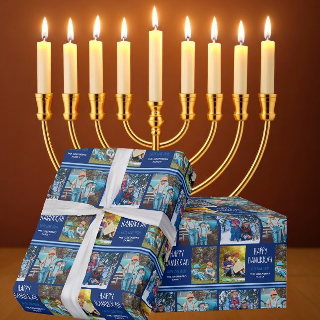 Lycklig Hanukkah Photo Collage Personlig Blue Presentpapper (Skapare uppladdad)