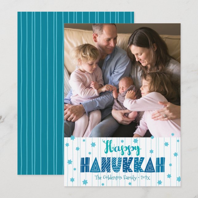 Lycklig Hanukkah Photo Modern Teal Roligt Typograf Julkort (Fram/baksida)