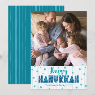 Lycklig Hanukkah Photo Modern Teal Roligt Typograf Julkort