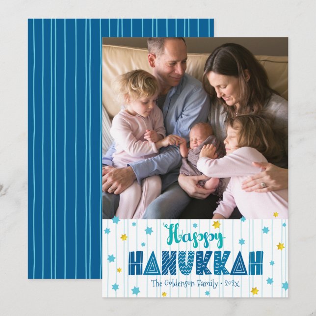 Lycklig Hanukkah Photo Typography Guld Stars Moder Julkort (Fram/baksida)