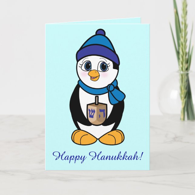 Lycklig Hanukkah pingvin och Dreidel Helgkort (Framsida)
