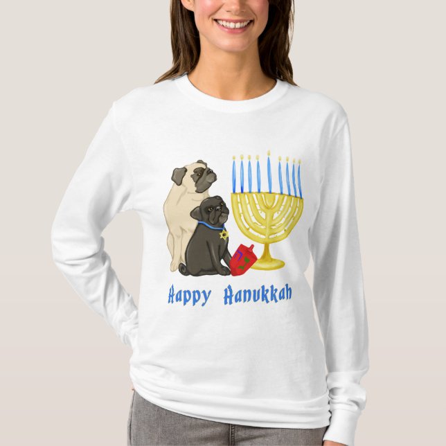 Lycklig Hanukkah Pugs med Menorah Tröja (Framsida)