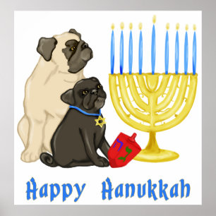 Lycklig Hanukkah Pugs och Menorah Poster - Anpassa