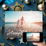 Lycklig Hanukkah Retro Type Simple Helgdag Photo Julkort<br><div class="desc">Anpassa ditt foto och färg,  den här har en flotta tillbaka med polka dots. lycklig Hanukkah hälsning.</div>