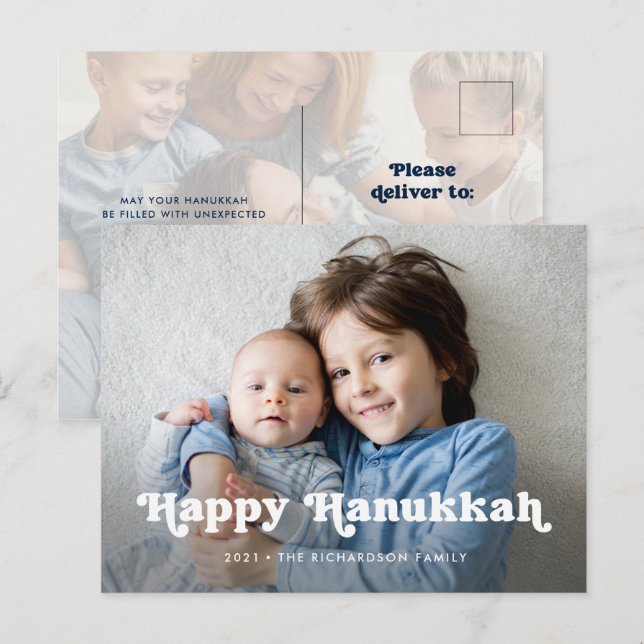 Lycklig Hanukkah | Simple Boho Photo Overlay Helg Vykort (Fram/baksida)