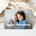 Lycklig Hanukkah | Simple Boho Photo Overlay Julkort<br><div class="desc">Det här enkla och snyggt fotokortet har ett nyktert,  boho-vitt textöverlägg som säger "Lycklig Hanukkah",  med plats för ditt favoritfoto. Kortets baksida är blå.</div>