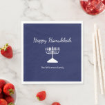 Lycklig Hanukkah Simple Menorah Blue Pappersservett<br><div class="desc">Lycklig Hanukkah Blue Julfest napkin,  med en enkel vit menorah och manustypografi. Med vit anpassade kan du lägga till egen information. Ett festligt sätt att fira med vänner och kära.</div>