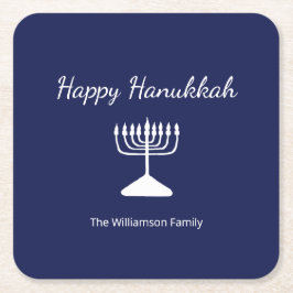 Lycklig Hanukkah Simple Menorah Blue Underlägg Papper Kvadrat
