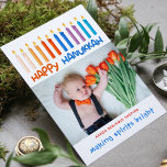 Lycklig Hanukkah Skapar Spirits Bright Photo<br><div class="desc">Den här helgdagarna har färgstarka ljus med den moderna texten "Lycklig Hanukkah" i orange och blå typografi. Lägg till foto och text nedan (visas här som ett Hanukkah Birth-meddelande med baby namn) och texten "skapar sprit briljant". Baksidan är en helblå färg. #hanukah #chanukah #baby #Födelse#födelsetillkännagivande #födelsetillkännagivande #födelsemeddelande #foto #foto #foto...</div>