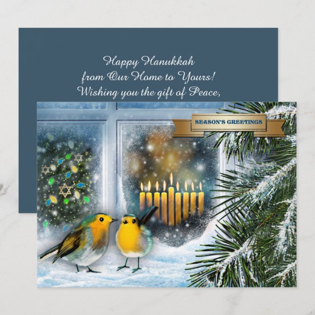 Lycklig Hanukkah. Snö Scene med Menorah-kort Julkort (Fram/baksida)