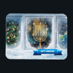 Lycklig Hanukkah. Snö Scene med Menorah Magnet<br><div class="desc">Lycklig Hanukkah. Fönsterscen i snö med Menorah Painting anpassade Gift Magnets. Matchningskort och gåvor tillgängliga i de judiska Helgdagarna | Hanukkah Kategori för vår butik.</div>