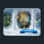 Lycklig Hanukkah. Snö Scene med Menorah Magnet<br><div class="desc">Lycklig Hanukkah. Fönsterscen i snö med Menorah Painting anpassade Gift Magnets. Matchningskort och gåvor tillgängliga i de judiska Helgdagarna | Hanukkah Kategori för vår butik.</div>