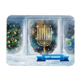 Lycklig Hanukkah. Snö Scene med Menorah Magnet