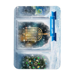 Lycklig Hanukkah. Snö Scene med Menorah Magnet