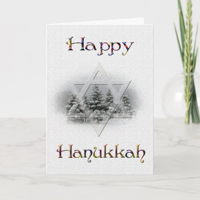 Lycklig Hanukkah-Snö täckt Träd Helgkort (Framsida)