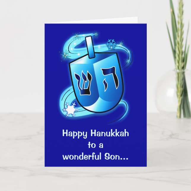 Lycklig Hanukkah Son med snurret Dreidel Helgkort (Framsida)