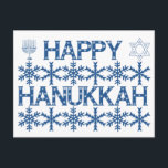 Lycklig Hanukkah Star av David Menorah Snöflingor Vykort<br><div class="desc">Lycklig Hanukkah Star av David Menorah Candles Snöflingor Blue and White Mönster,  Elegant Jewish Helgdag Postcard</div>