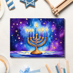 Lycklig Hanukkah Starry Menorah Kort<br><div class="desc">Den här AI-teckningen är ett underbart kort som har strålande Menorah av alla åtta ljus i vattenfärg.</div>