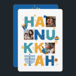 Lycklig HANUKKAH Stars & ljus Photo Greeting Card<br><div class="desc">Vår Hanukkah-Anpassningsbar Photo Greeting-kort är ett vackert, roligt sätt att önska familj och vänner en Lycklig Hanukkah i stil. Den här festliga, roligt, moderna designen omfattar Menorah, Dreidel, Jelly Donut och Wrapped Gift tillsammans med Snöflingor och judiska stjärnor. Anpassa det här anpassningsbarna med 3 av dina egna foton och ditt...</div>