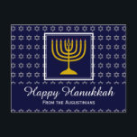 LYCKLIG HANUKKAH-stjärnan av David Menorah Personl Helg Vykort<br><div class="desc">Snyggt hälsning vykort för att fira Hahh. Mörk blått bakgrund med silver Star av David och vit typografi. Platshållartexten på framsidan och baksidan av hälsning är anpassade,  så du kan lägga till ditt namn och ändra meddelandet. En del av FESTIVE STARS Collection by Berean Designing.</div>