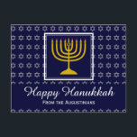 LYCKLIG HANUKKAH-stjärnan av David Menorah Personl Helg Vykort<br><div class="desc">Snyggt hälsning vykort för att fira Hahh. Mörk blått bakgrund med silver Star av David och vit typografi. Platshållartexten på framsidan och baksidan av hälsning är anpassade,  så du kan lägga till ditt namn och ändra meddelandet. En del av FESTIVE STARS Collection by Berean Designing.</div>