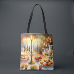 Lycklig Hanukkah Tygkasse<br><div class="desc">Vattenfärgillustration för Hanukkah. Ett vackert arrangerat bord-set för ett festligt firande,  med en traditionell menorah med tända ljus. Mjuk,  varm lampa,  medan helgdag tillför en gnutta glädje. Varma ljus som skapar en mysigt atmosfär som inbjuder till det.</div>
