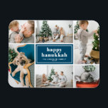 Lycklig Hanukkah Typography Blue Photo Collage Magnet<br><div class="desc">Lycklig Hanukkah! Skicka helgdag önskemål och hälsning med den här moderna och snyggt helgdag fotomagnet. Den har återformig fet typografi. Anpassa genom att lägga till dina favoritfoton,  hälsning,  namn och annan information. Texterna är helt redigerbara - tillgängliga som platta,  vikta och vykort.</div>